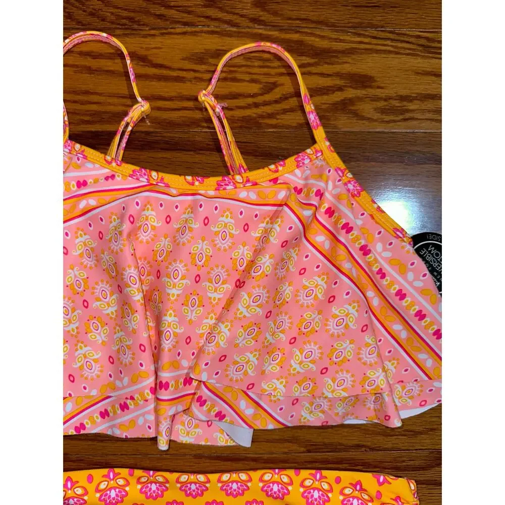NWT Nicole Miller Girls Pink Orange Paisley 2-Piece Bikini Swim Set Size XL 14